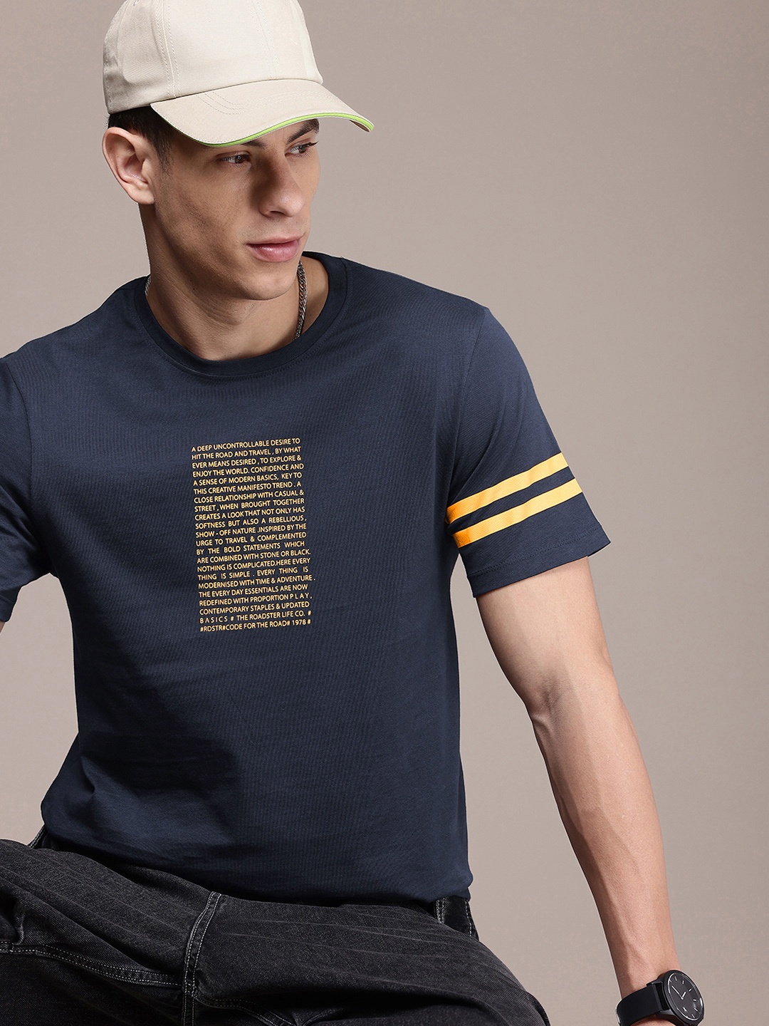 

The Roadster Life Co. Typography Printed Pure Cotton T-shirt, Navy blue