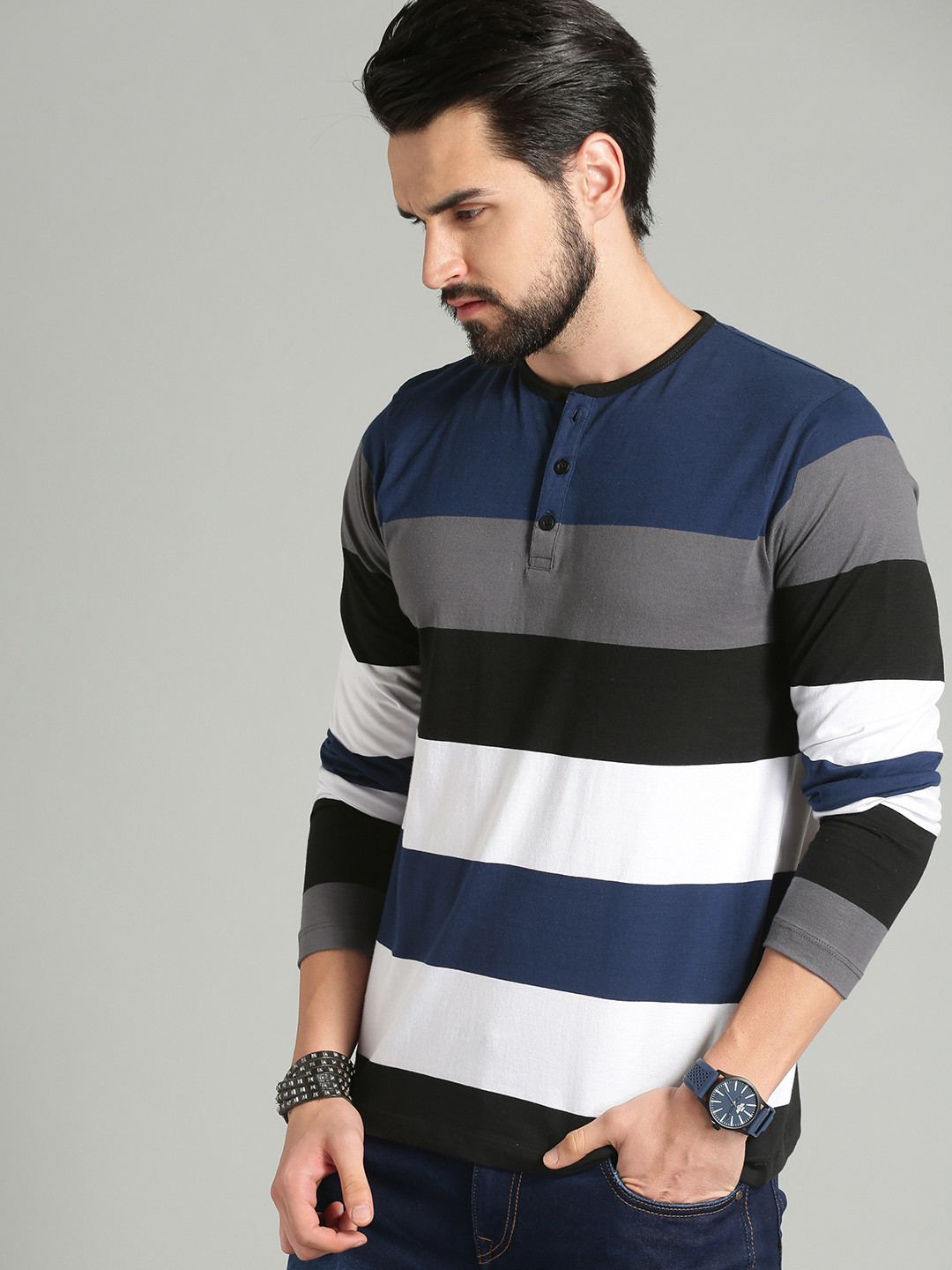

The Roadster Lifestyle Co Men Blue Striped Henley Neck Pure Cotton T-shirt
