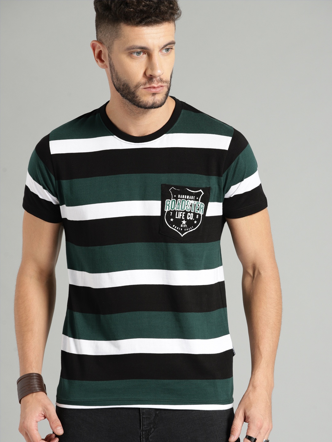 

The Roadster Lifestyle Co Men Green Striped Polo Collar T-shirt