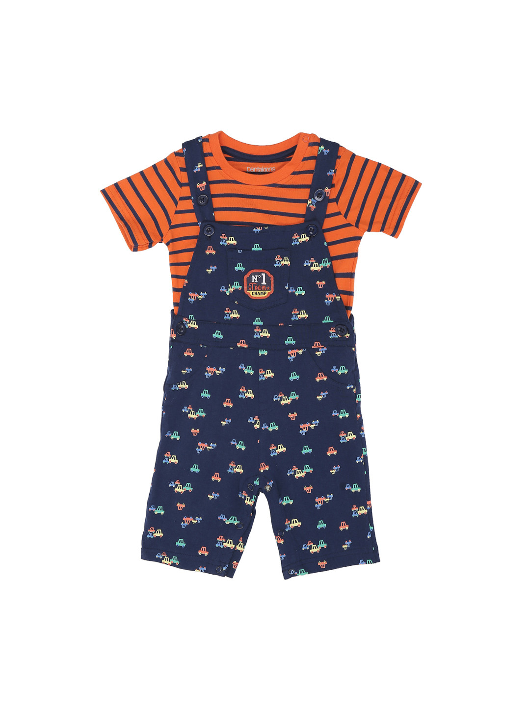 

Pantaloons Baby Boys Navy Blue & Orange Striped T-shirt with Shorts