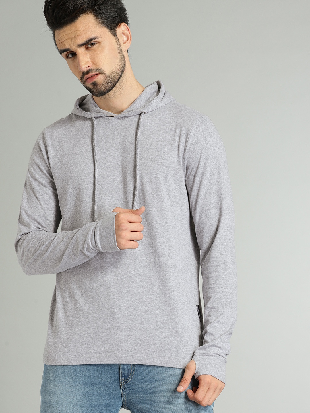 

The Roadster Lifestyle Co Men Grey Melange Solid Hood T-shirt