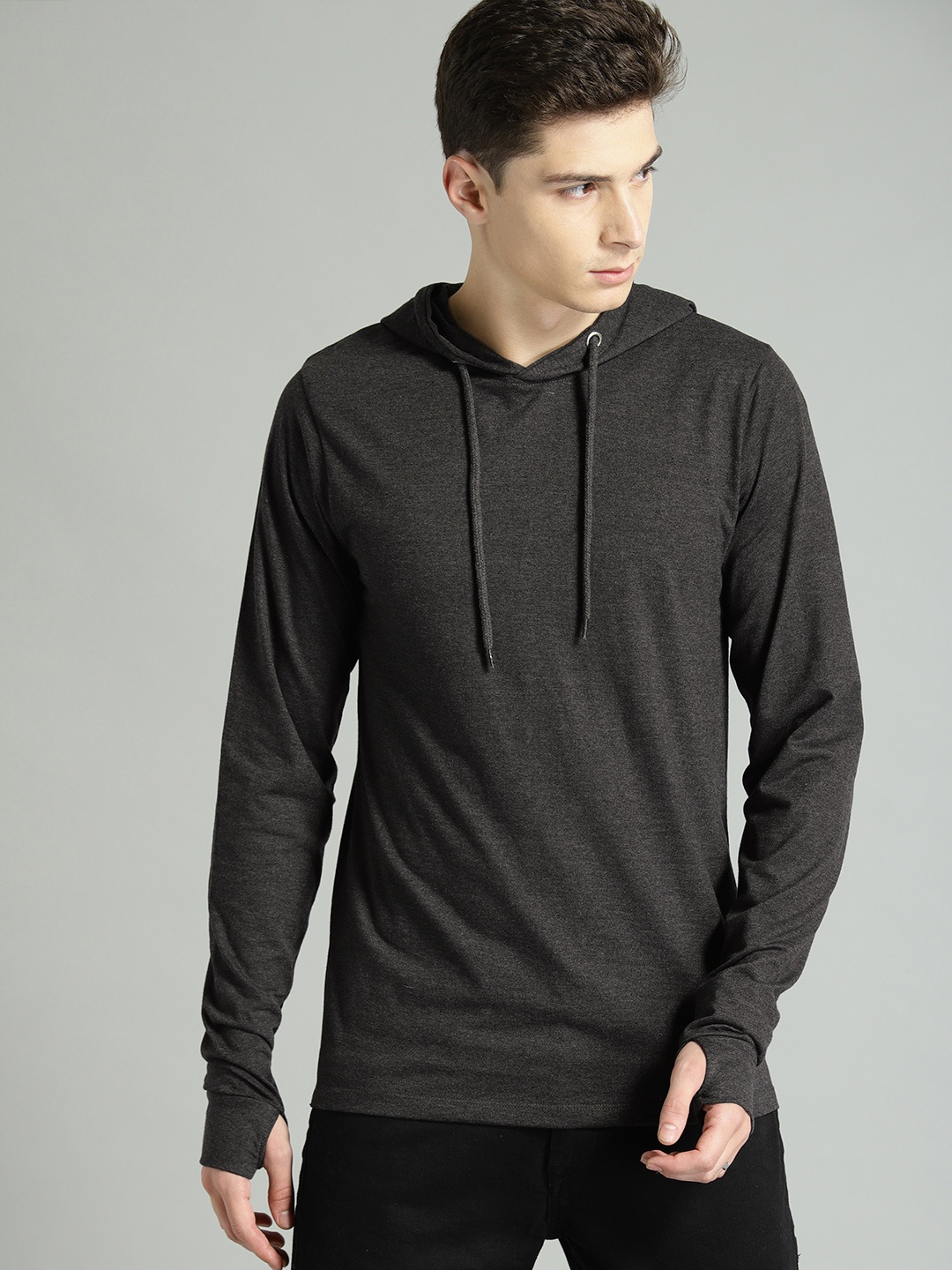

Roadster Men Charcoal Grey Solid Hooded Sweatshirt