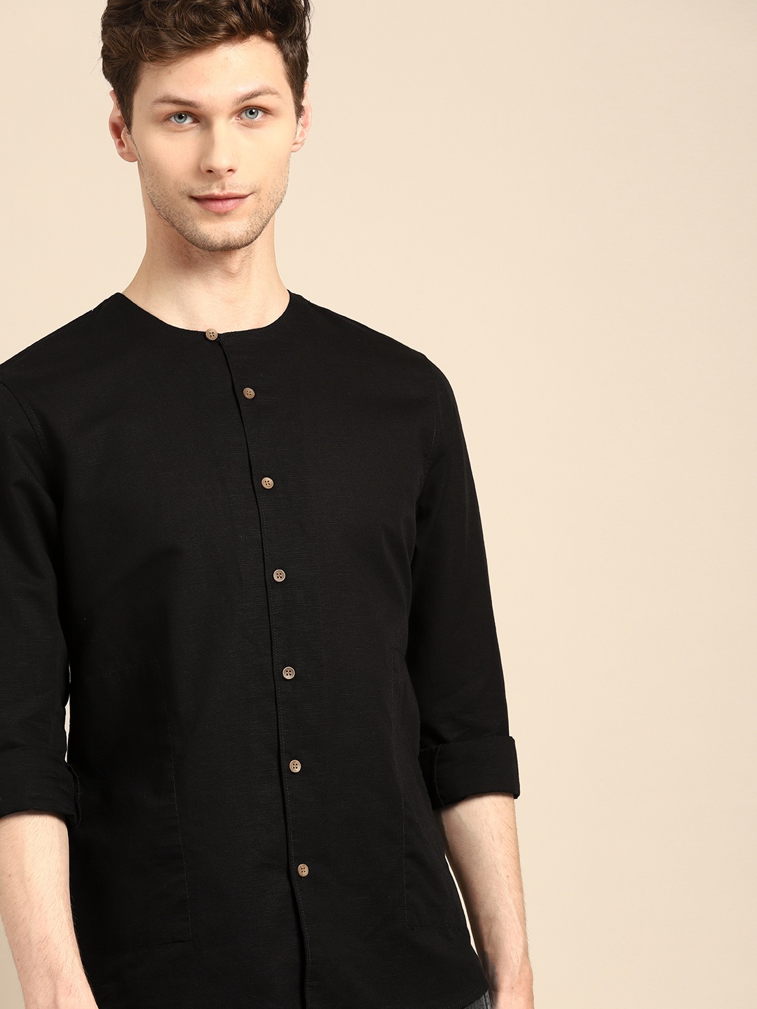 

ether Men Black Regular Fit Solid Cotton Linen Casual Shirt