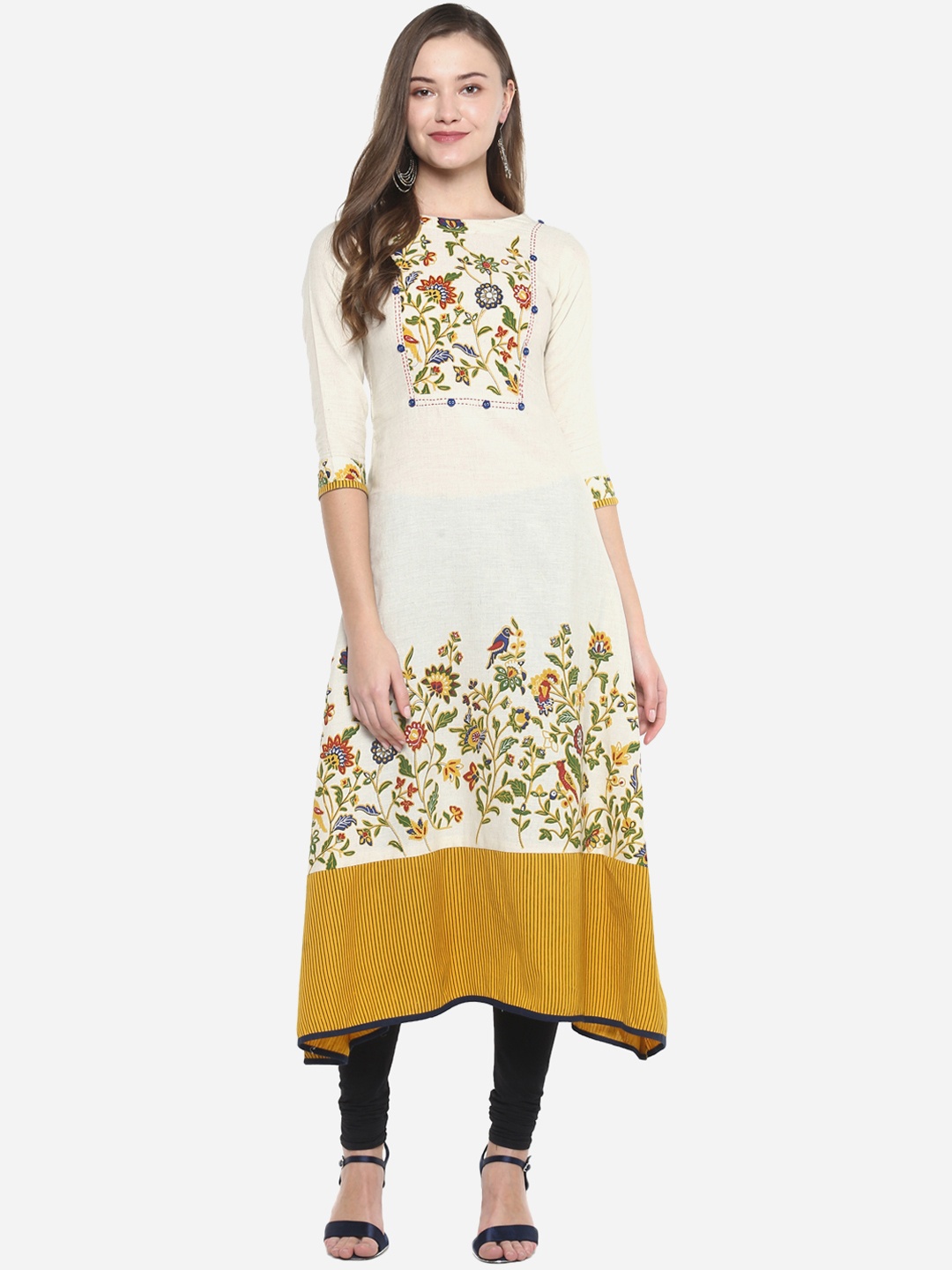 

YASH GALLERY Women Off-White & Yellow Floral Printed A-Line Kurta