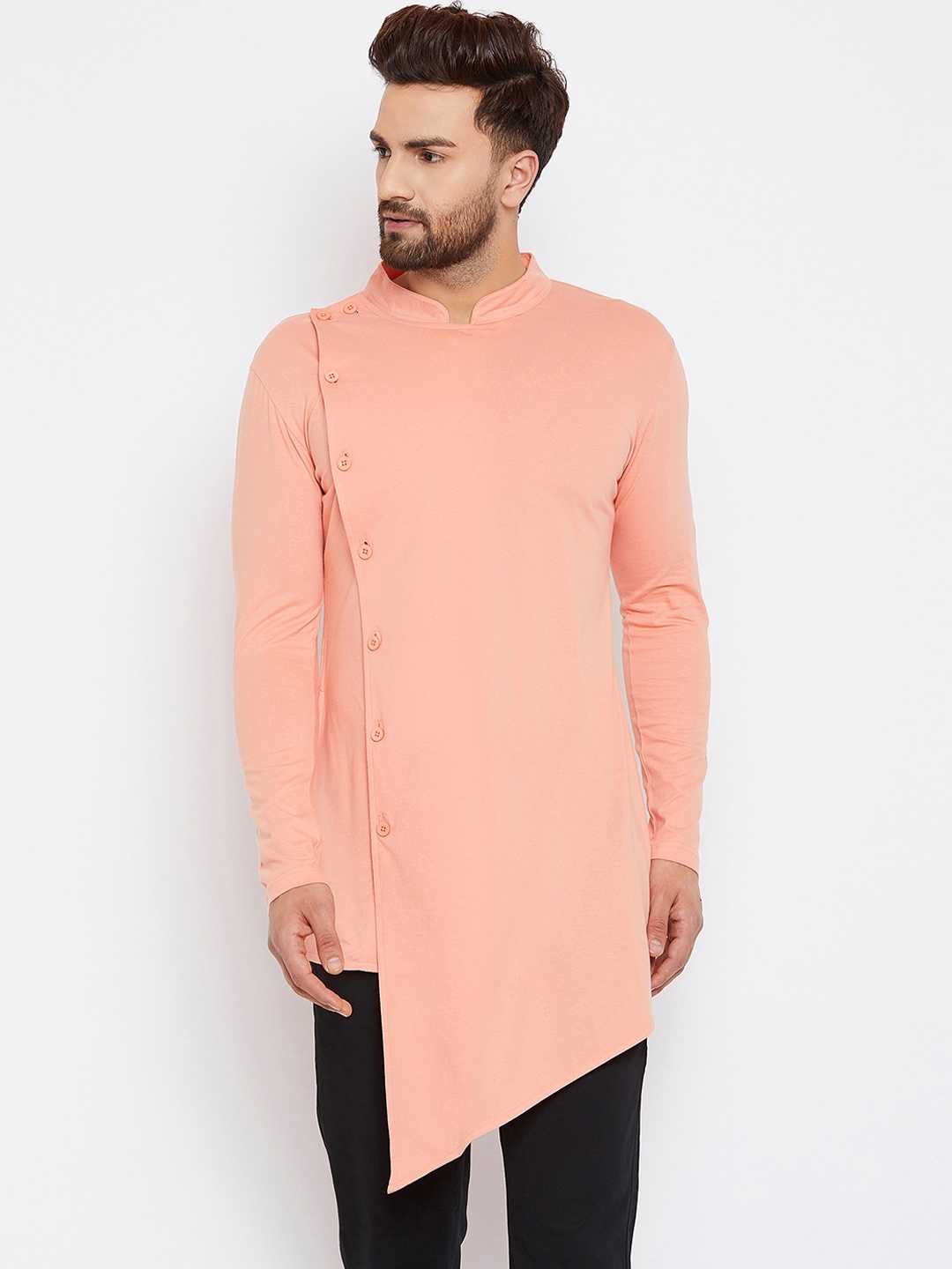 

Hypernation Men Peach-Coloured Solid Straight Kurta
