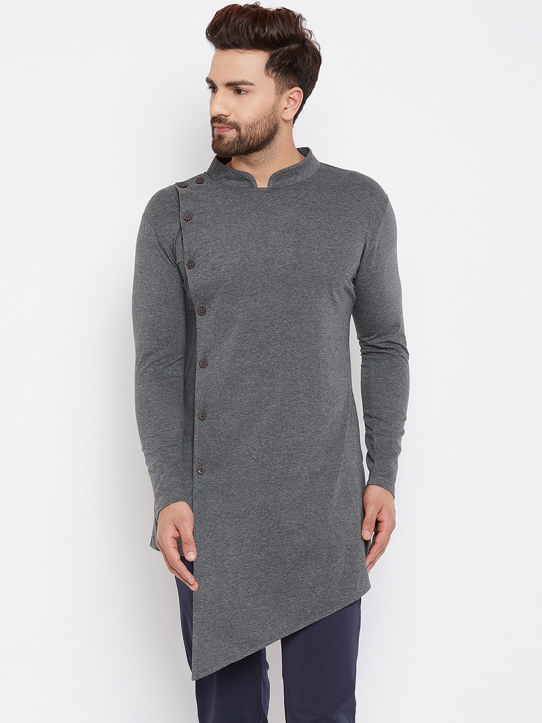 

Hypernation Men Charcoal Solid Straight Kurta