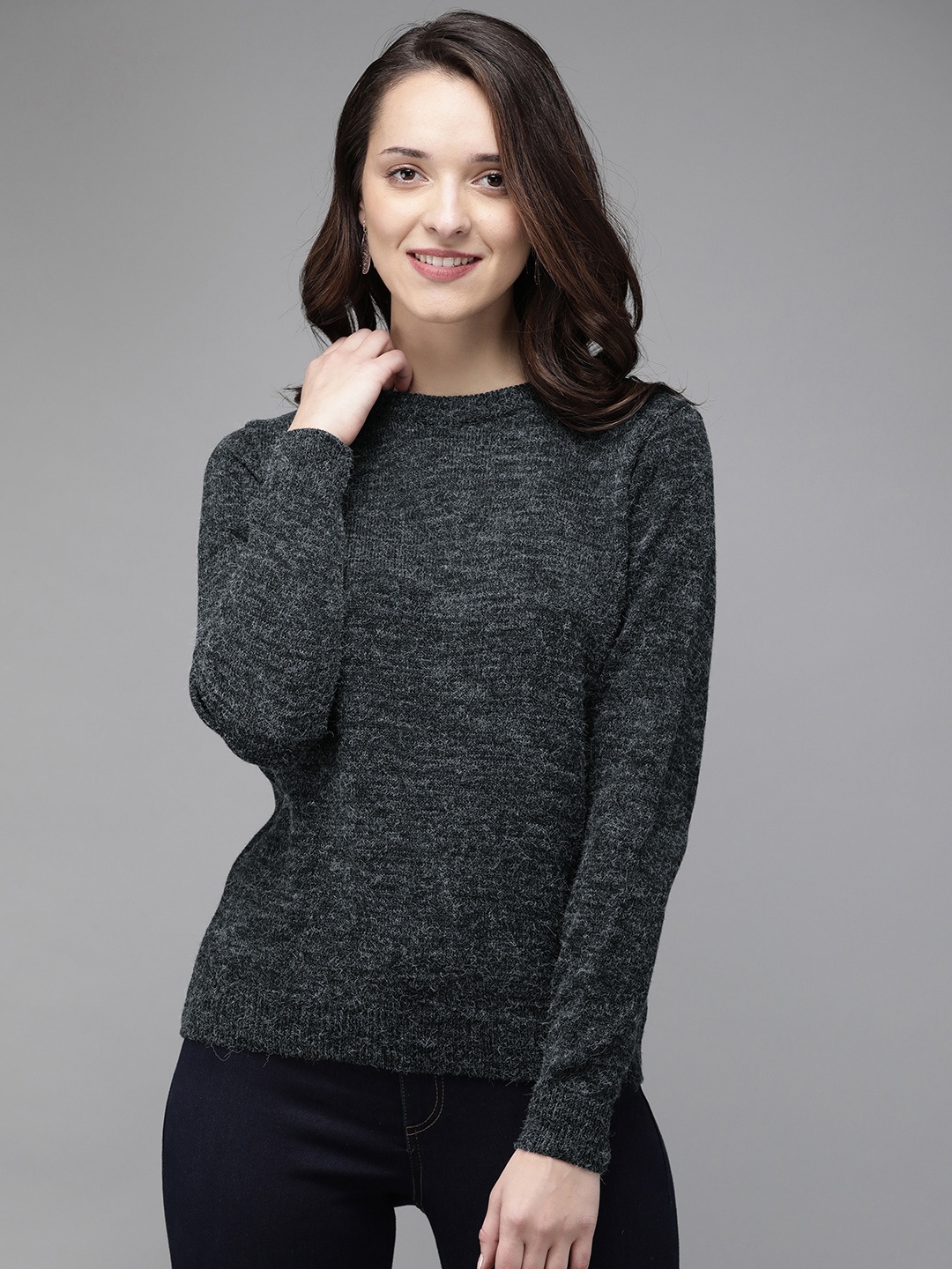 

Anouk Women Charcoal Grey Solid Sweater