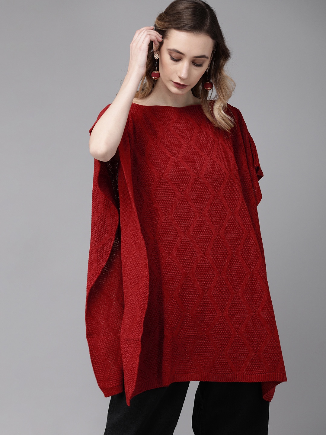 

Anouk Women Maroon Self Design Poncho Sweater