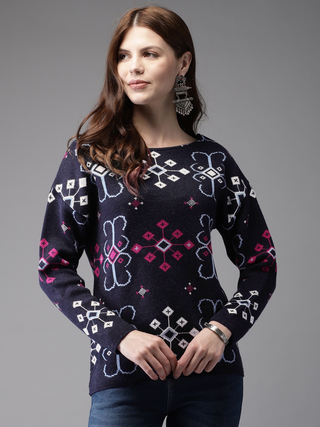 

Anouk Women Navy Blue & White Self Design Sweater