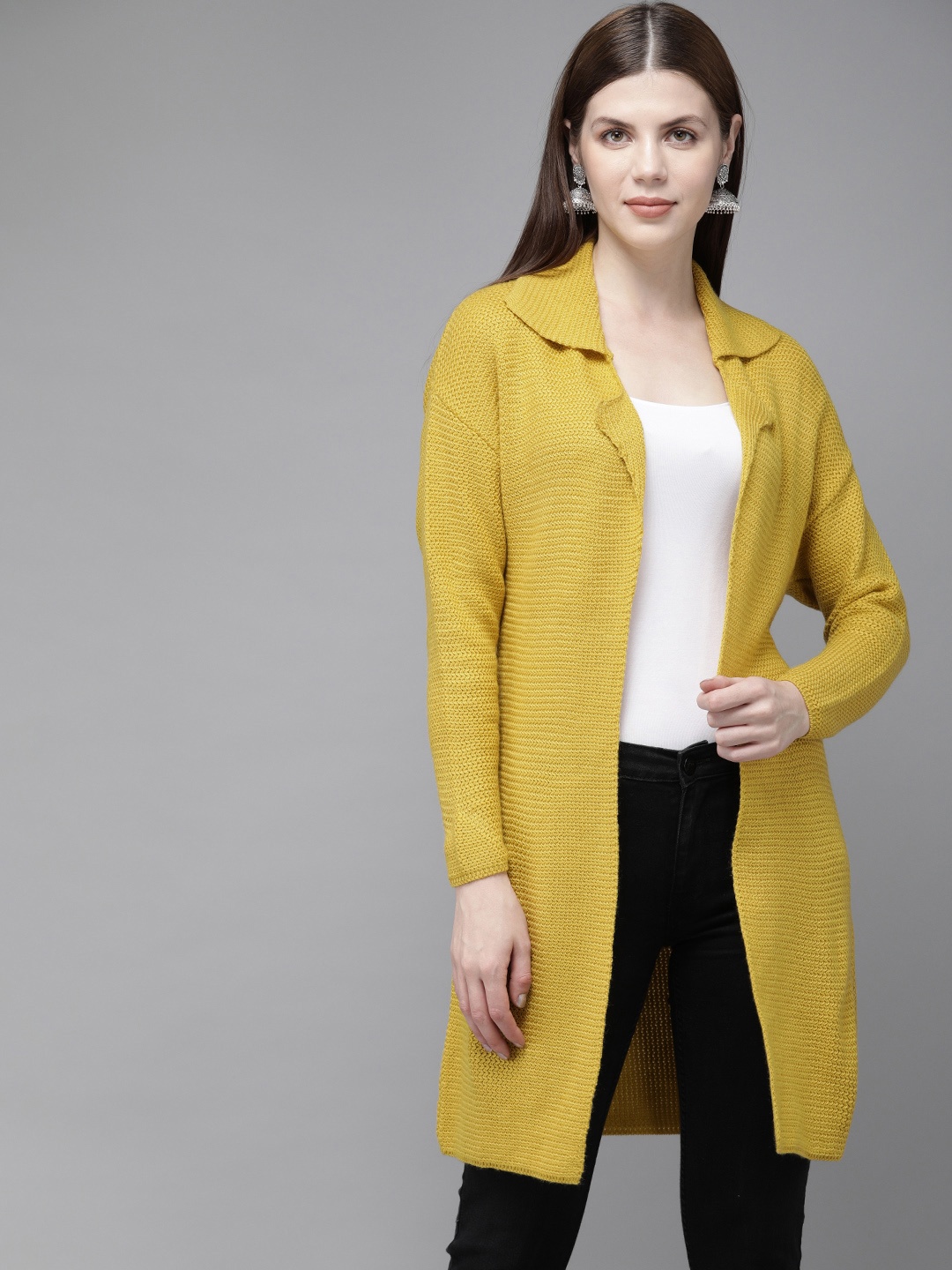 

Anouk Women Mustard Yellow Self Design Front-Open Sweater