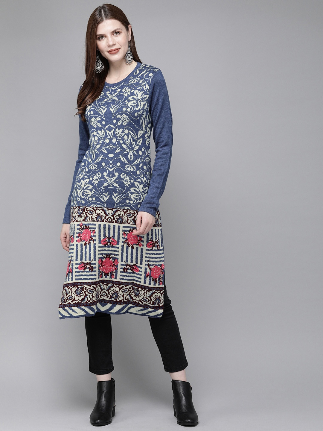 

Anouk Women Blue & Beige Woven Design Sweater Kurta