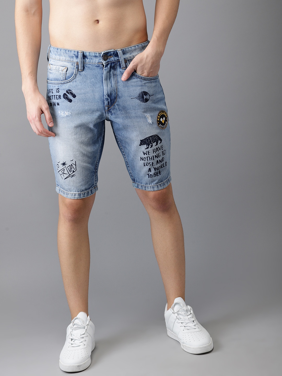 

Moda Rapido Men Blue Washed Slim Fit Printed Denim Shorts