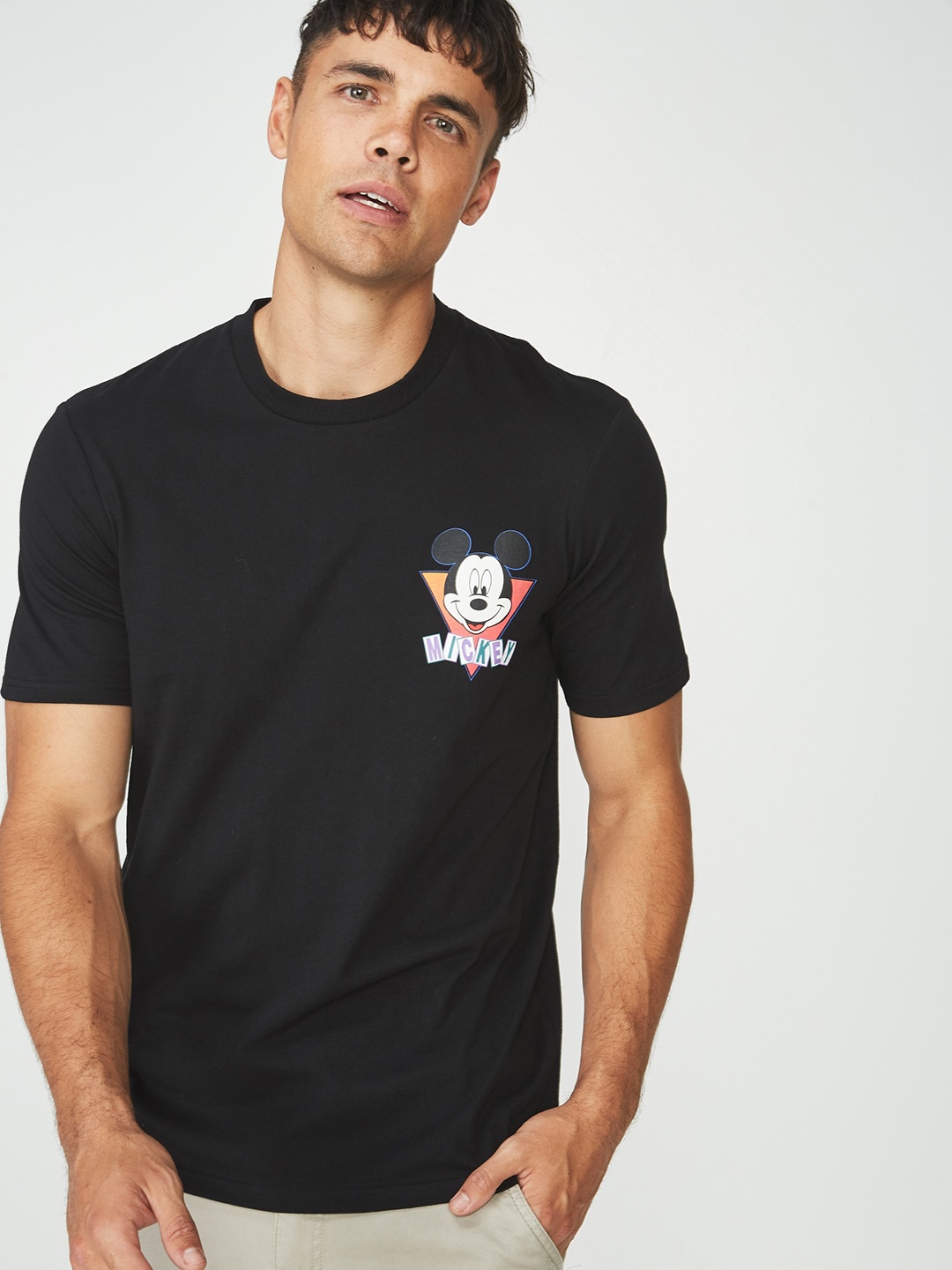 

COTTON ON Men Black Printed Round Neck Mickey T-shirt