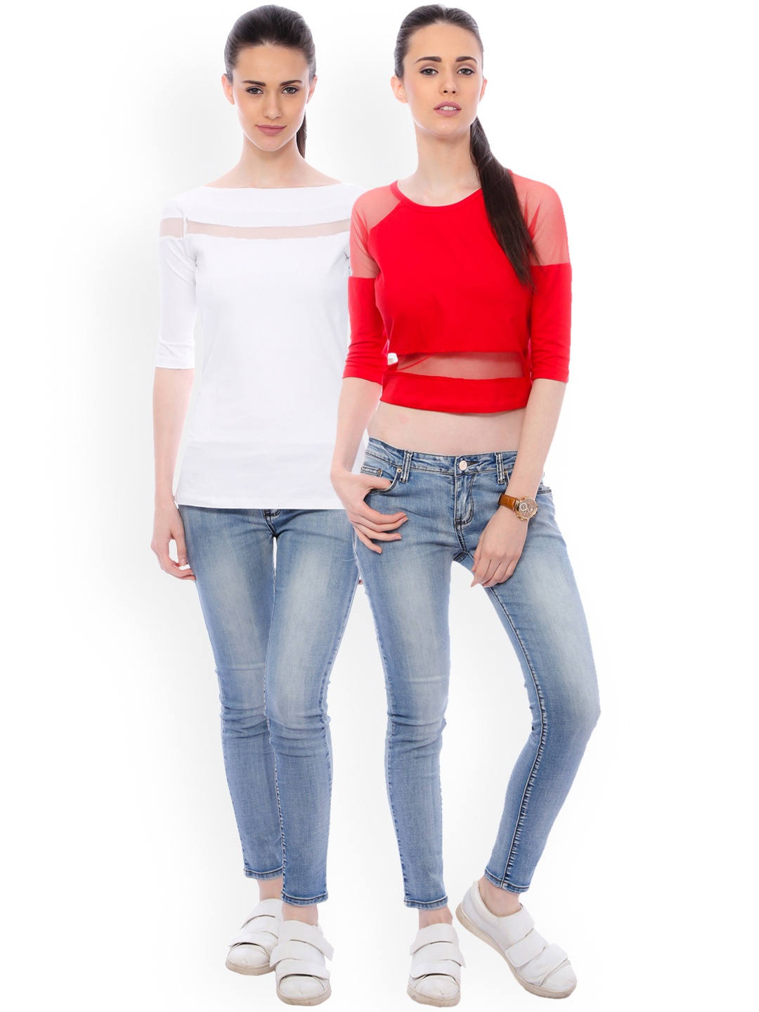 

SCORPIUS Women Pack of 2 Solid Pure Cotton Tops, White