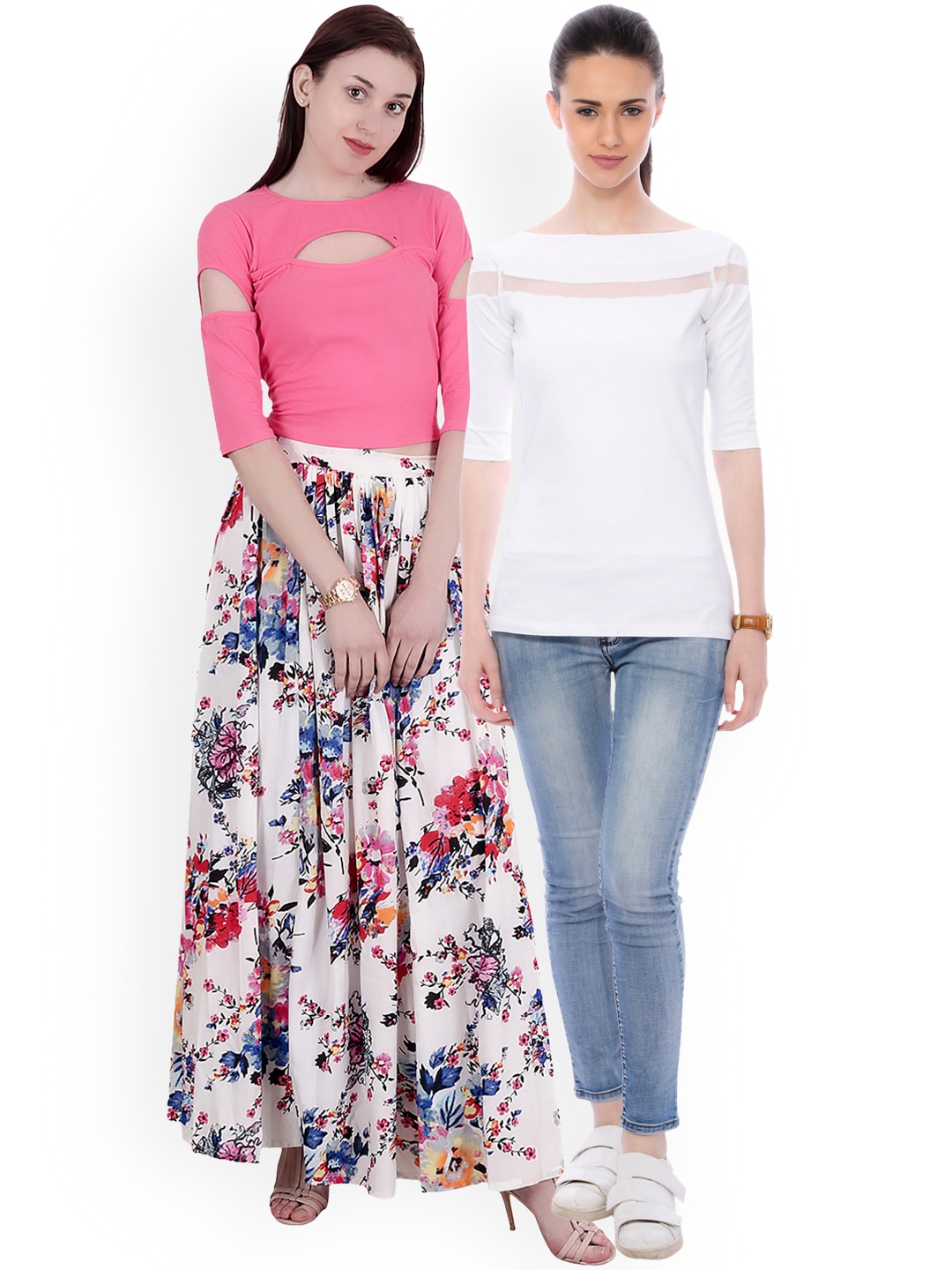 

SCORPIUS Women Pack of 2 Solid Pure Cotton Tops, White