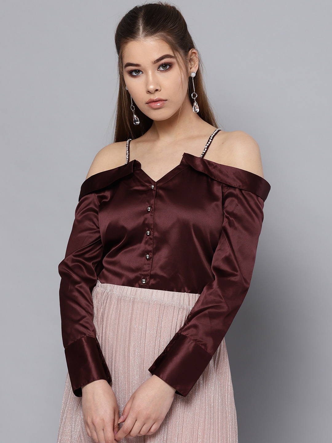 

STREET 9 Women Burgundy Solid Bardot Top