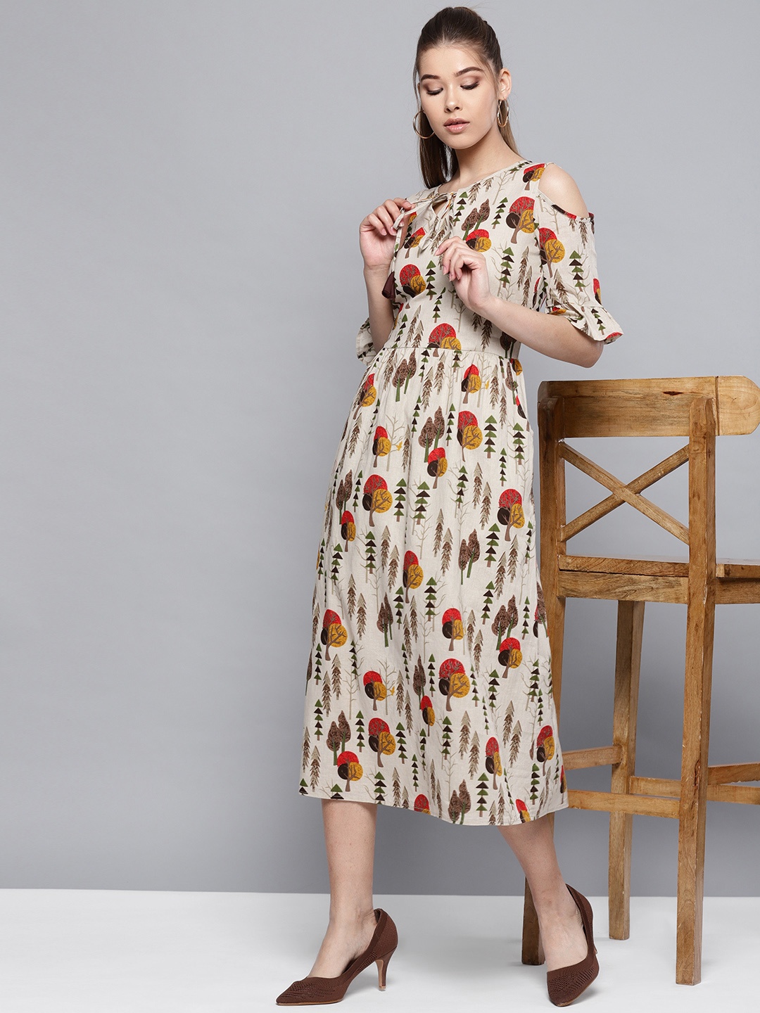 

STREET 9 Women Beige & Brown Printed A-Line Dress
