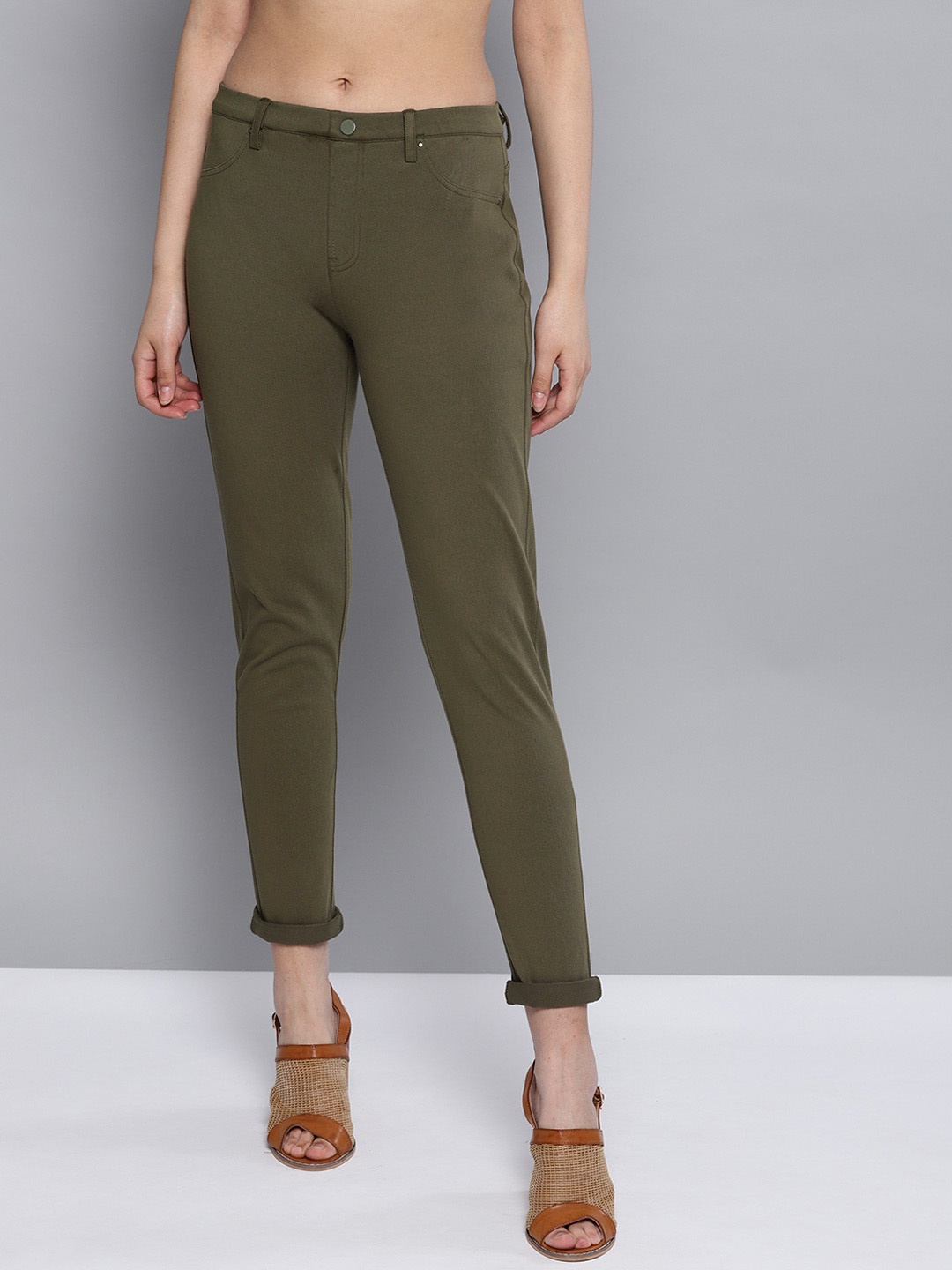 

STREET 9 Women Olive Green Solid Treggings