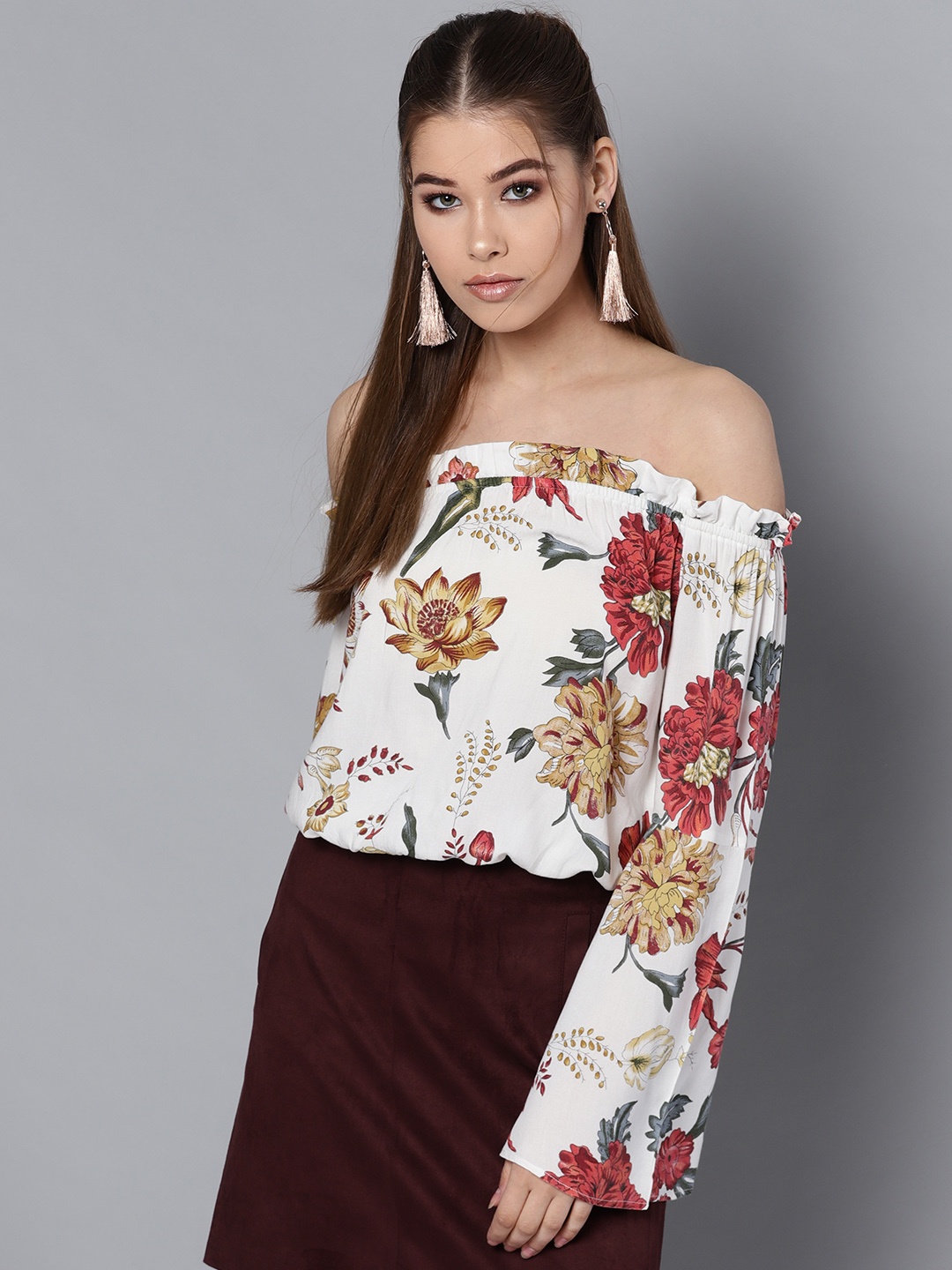

STREET 9 Women White & Rust Orange Floral Print Bardot Top