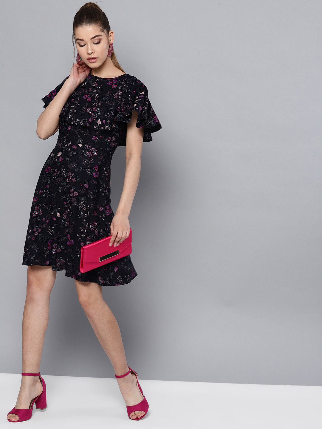 

STREET 9 Women Navy Blue & Pink Floral Print Layered Fit and Flare Dress