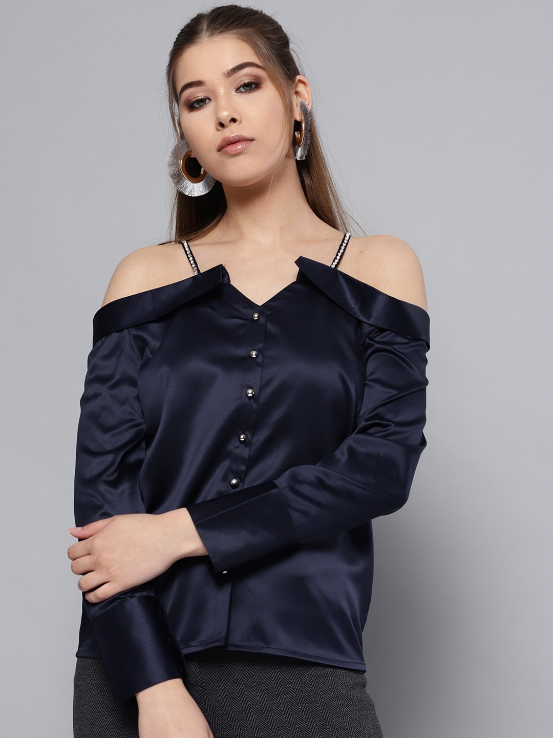 

STREET 9 Women Navy Blue Solid Bardot Top