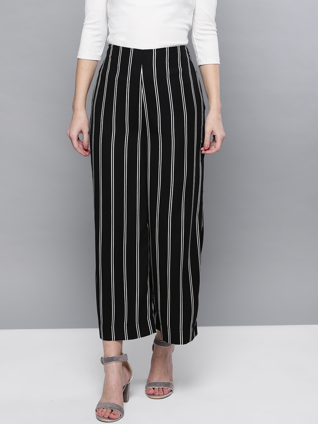 

STREET 9 Women Black & White Regular Fit Striped Parallel Trousers