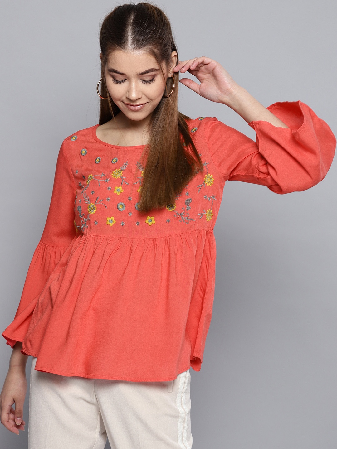 

STREET 9 Women Coral Orange Embroidered A-Line Top