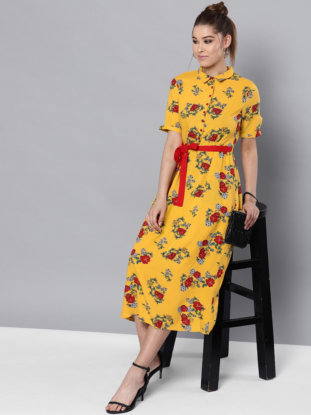

STREET 9 Women Mustard Yellow & Red Printed A-Line Dress