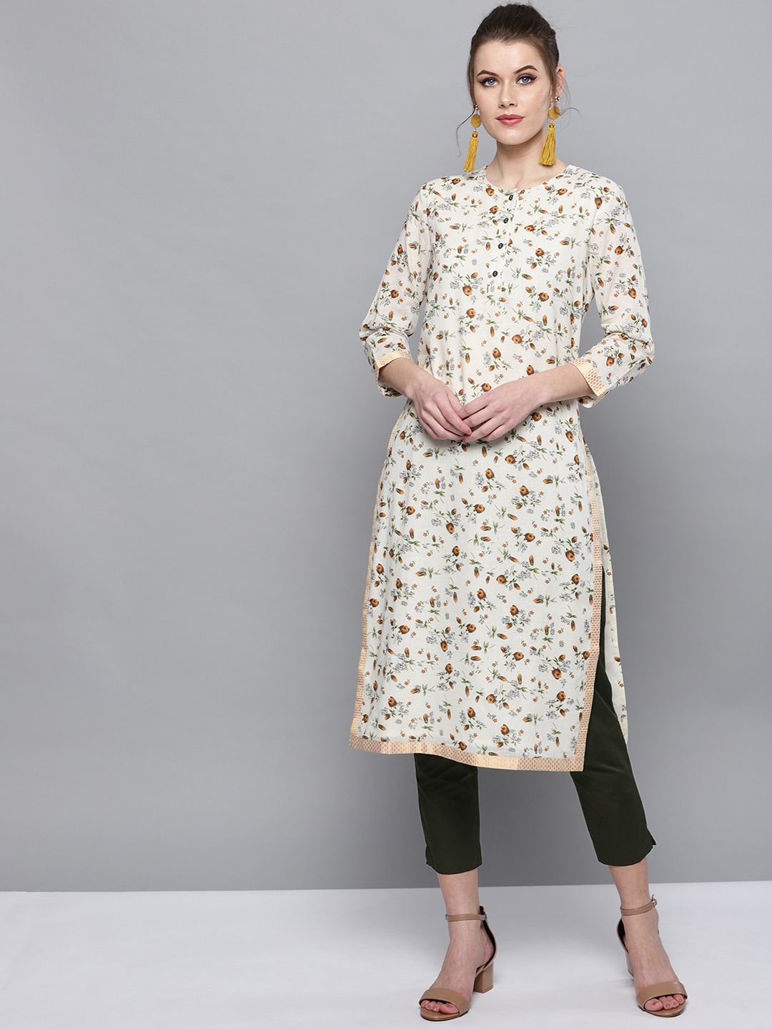 

STREET 9 Women Off-White & Olive Green Printed Kurta with Trousers