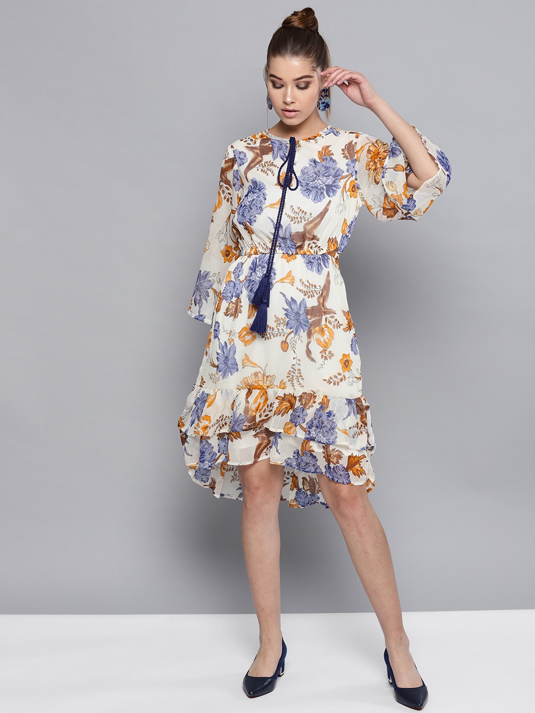 

STREET 9 Women Off-White & Blue Printed Fit and Flare Dress