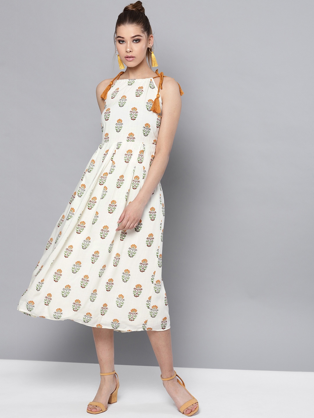 

STREET 9 Women Off-White & Mustard Brown Printed A-Line Dress