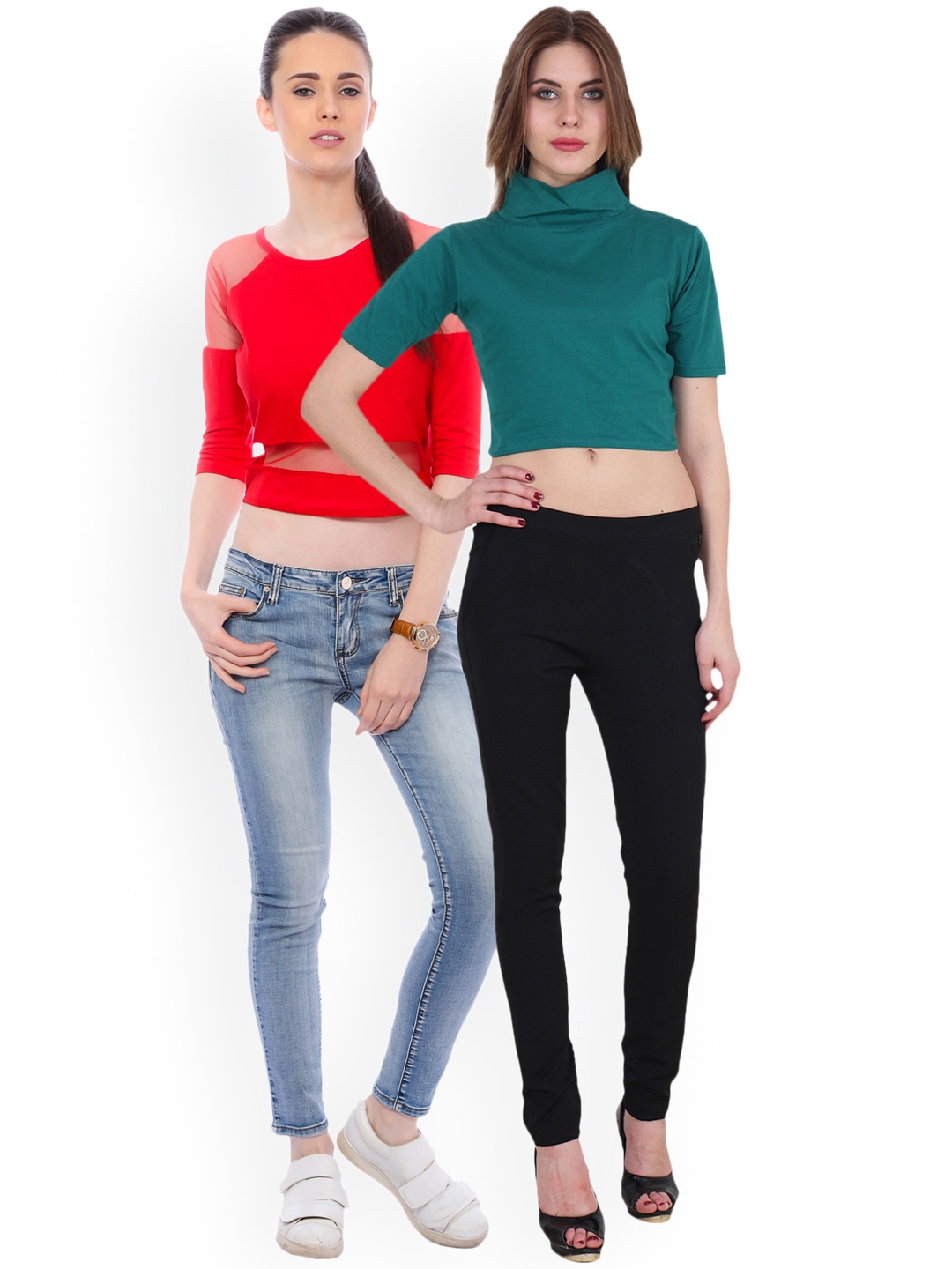 SCORPIUS Women Pack of 2 Solid Crop Pure Cotton Tops, Red