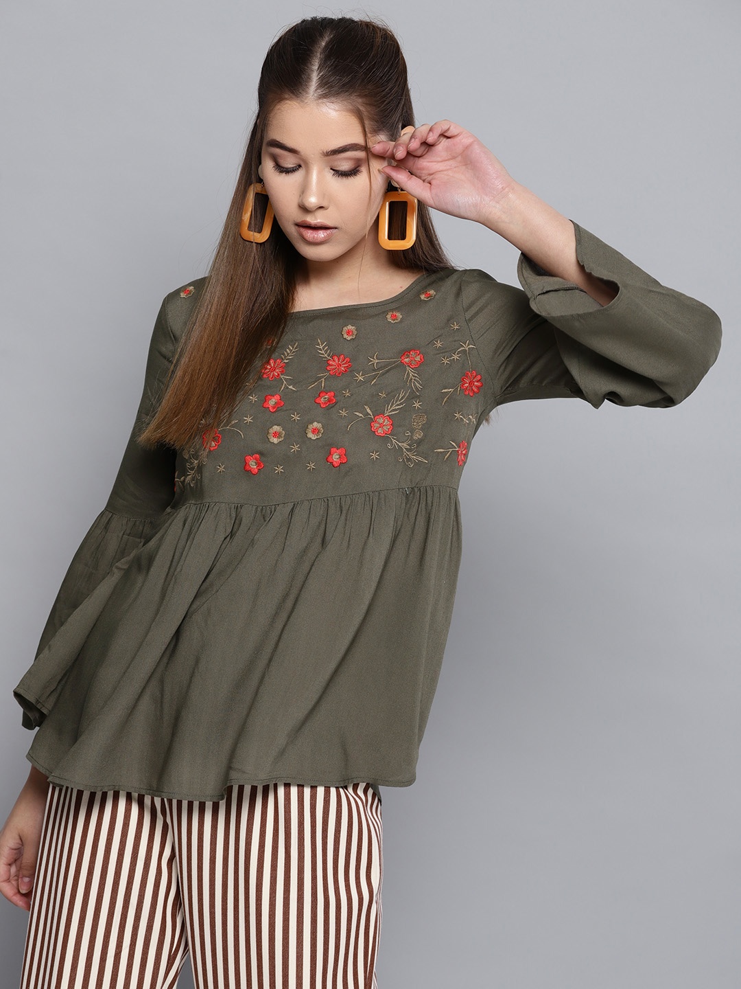 

STREET 9 Women Olive Green Embroidered A-Line Top