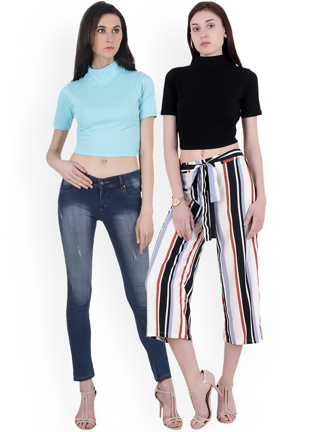 SCORPIUS Women Pack of 2 Solid Crop Tops, Blue