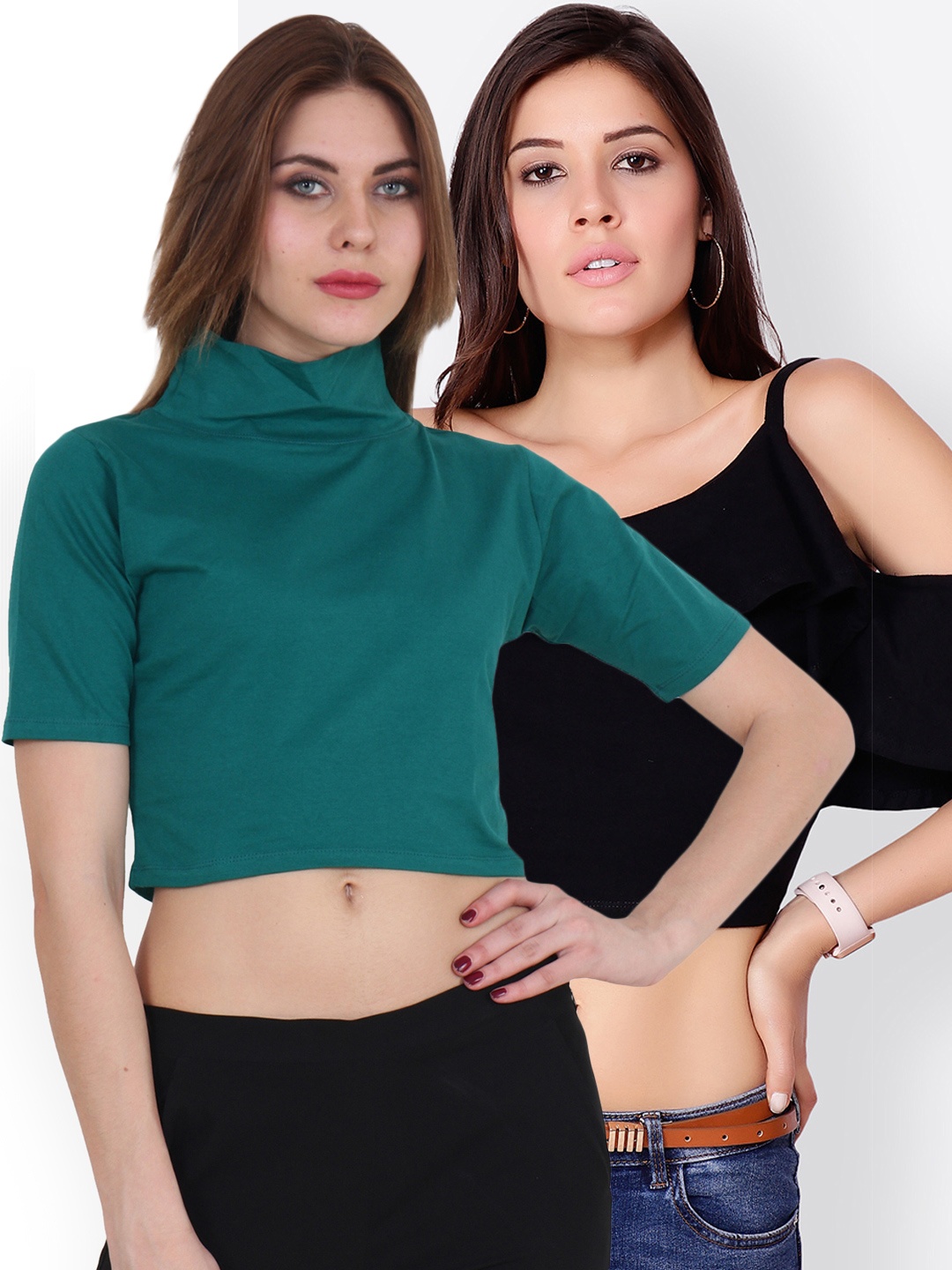 

SCORPIUS Women Pack of 2 Solid Crop Tops, Black