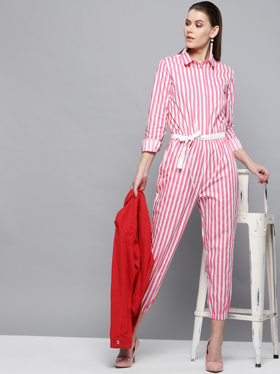 

STREET 9 Pink & White Striped Cropped Basic Jumpsuit