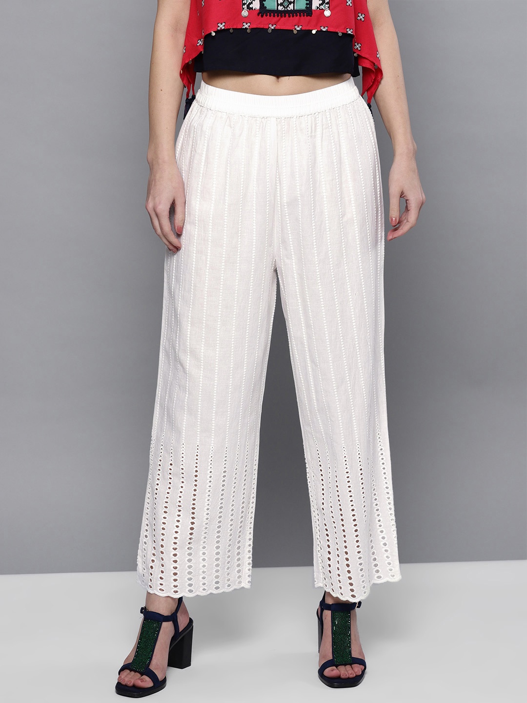 

STREET 9 Women White Straight Schiffli Embroidered Palazzos