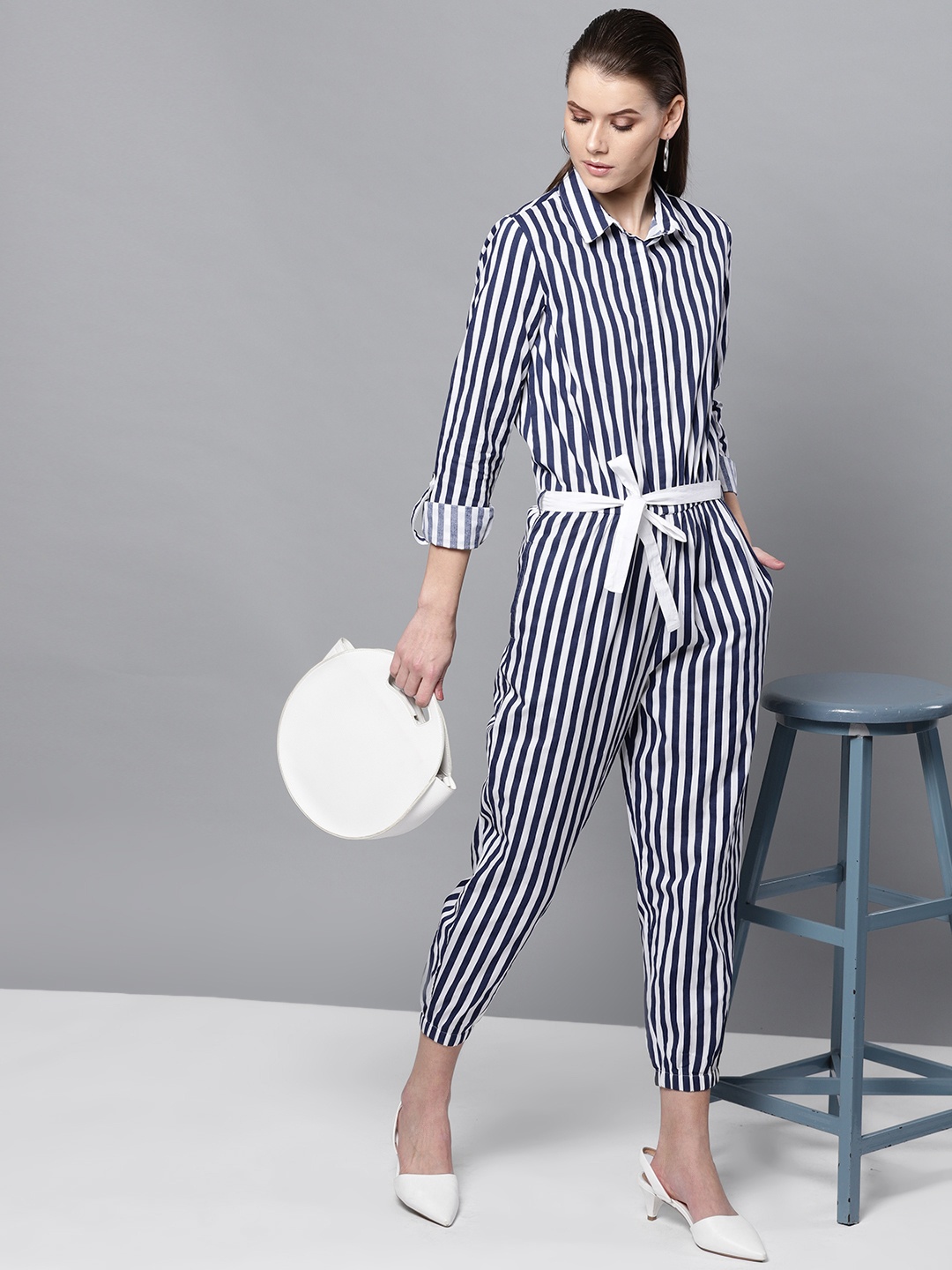 

STREET 9 Blue & White Striped Cropped Basic Jumpsuit