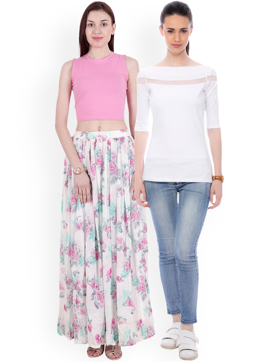 

SCORPIUS Women Pack of 2 Solid Pure Cotton Tops, White