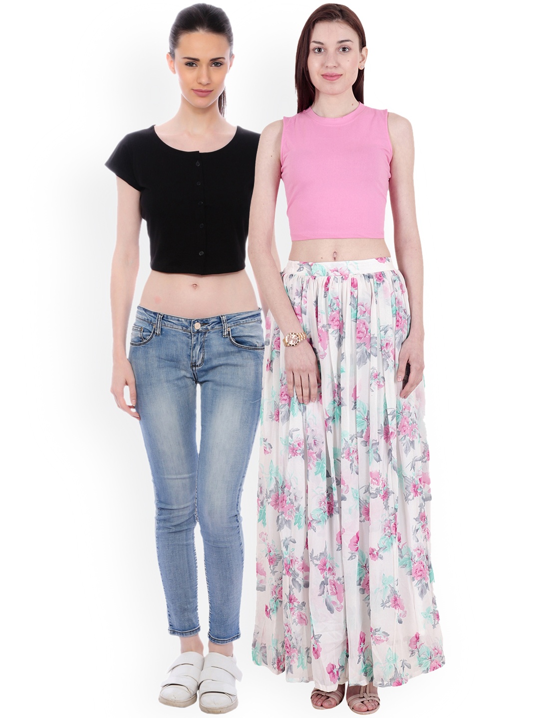 SCORPIUS Women Pack of 2 Solid Crop Pure Cotton Tops, Black