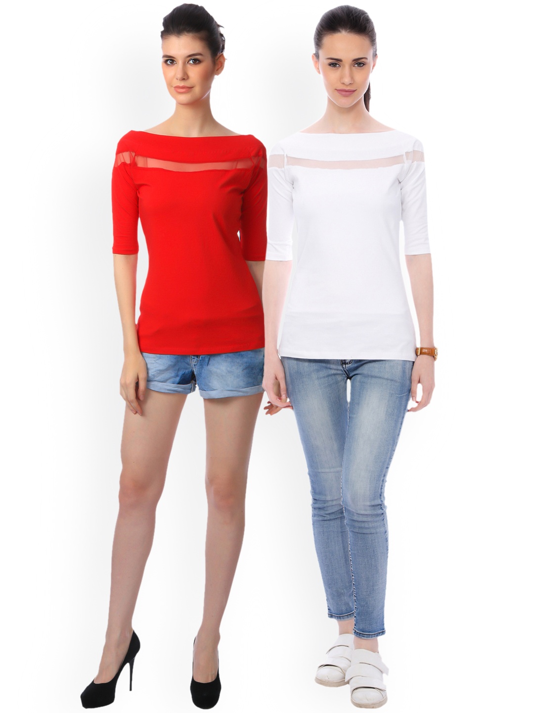 

SCORPIUS Women Pack of 2 Solid Pure Cotton Tops, White