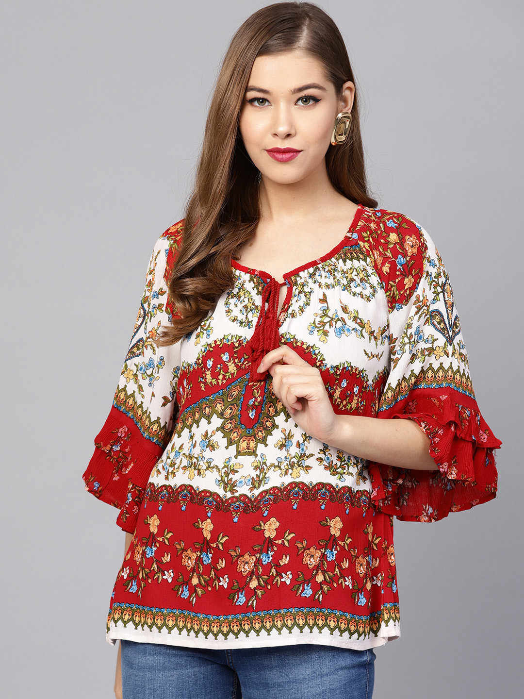 

Rain & Rainbow Women Red & White Printed A-Line Top