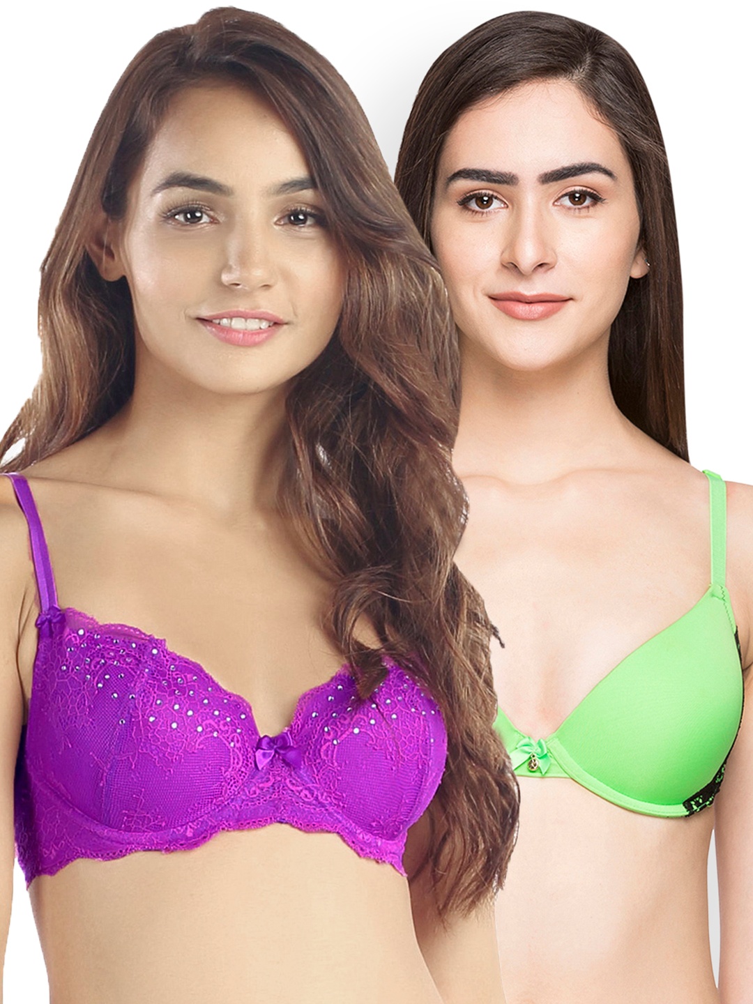 

Candyskin Heavily Padded and Demi Bra Combo CS02Green With Black- CS04Purple Pack of 2, Purple