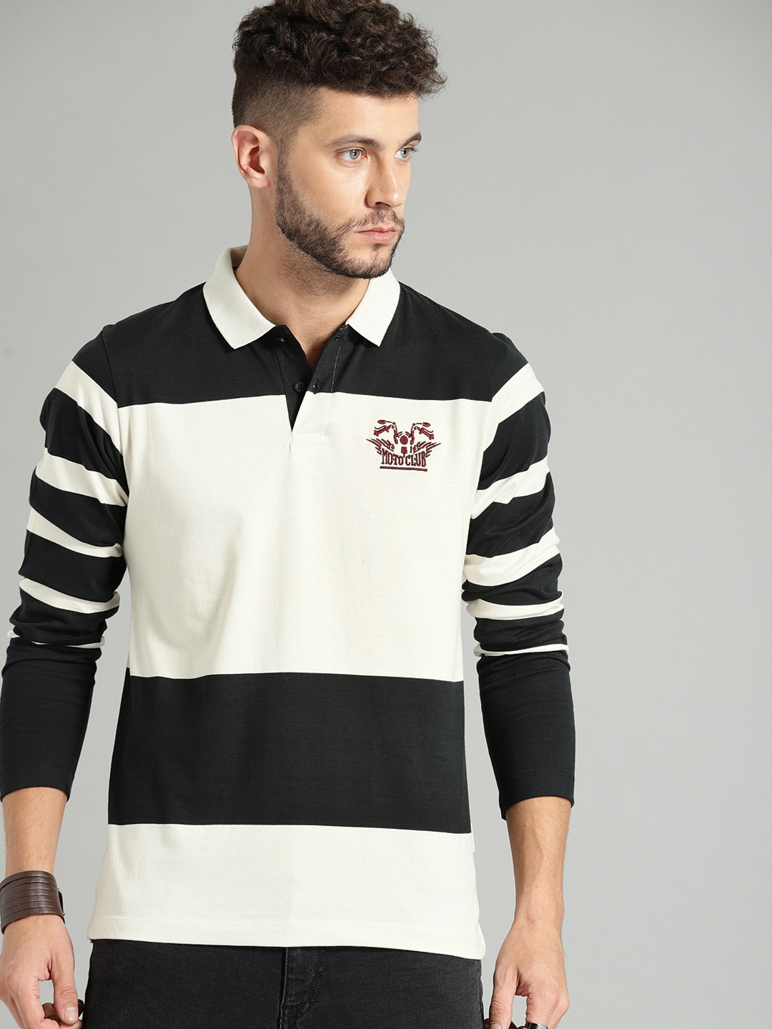 

The Roadster Lifestyle Co Men White & Black Striped Polo Collar T-shirt