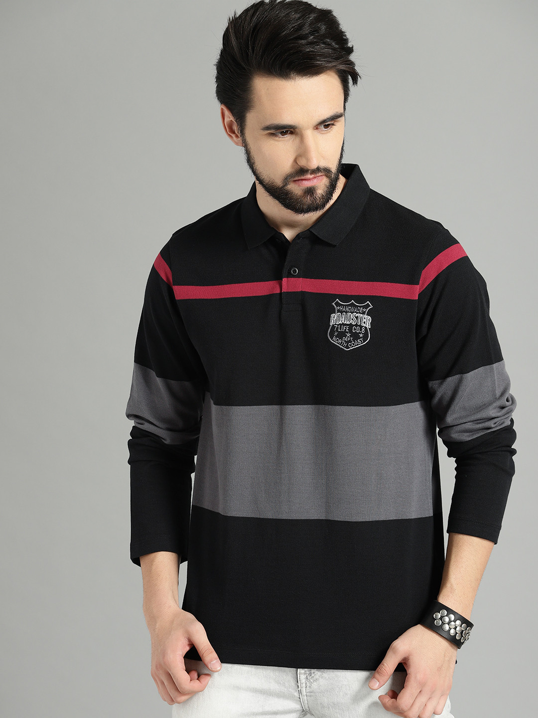 

The Roadster Lifestyle Co Men Black Charcoal Grey Colourblocked Polo Collar Pure Cotton T-shirt