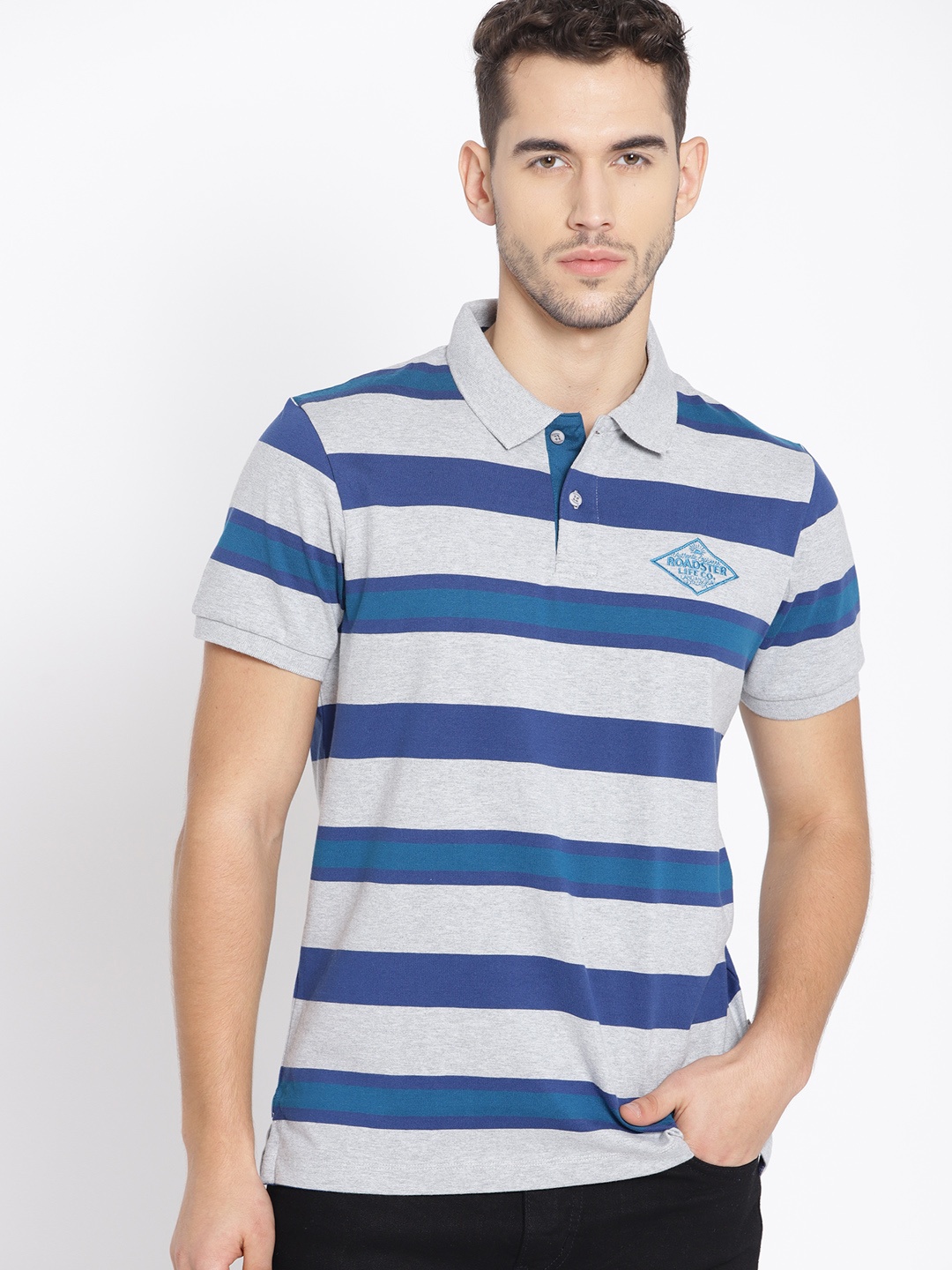 

The Roadster Lifestyle Co Men Grey Melange & Blue Striped Polo Collar T-shirt