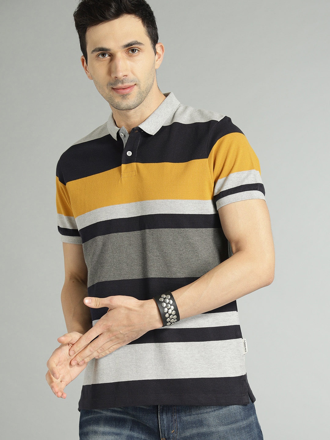 

The Roadster Lifestyle Co Men Grey Navy Striped Polo Collar Pure Cotton T-shirt, Grey melange