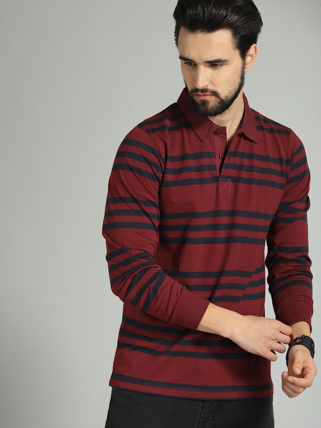 

The Roadster Lifestyle Co Men Maroon Navy Blue Striped Polo Pure Cotton T-shirt