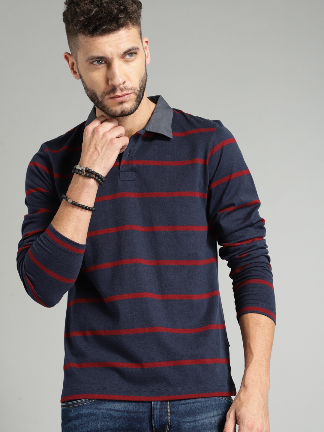 

Roadster Men Navy Blue Maroon Striped Polo Collar Pure Cotton T-shirt