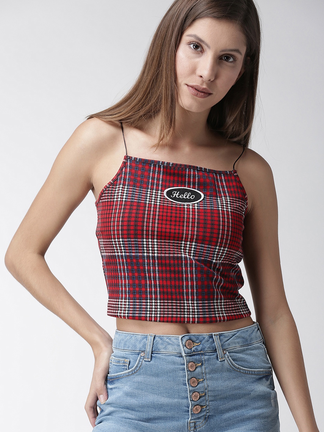 

FOREVER 21 Women Red & Beige Checked Crop Top